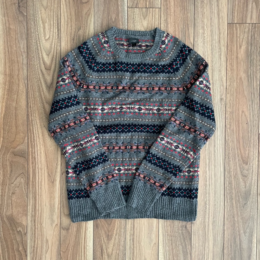 J.Crew Lambswool Fair Isle Sweater Pullover Raglan Sleeve Crew Neck Grey
